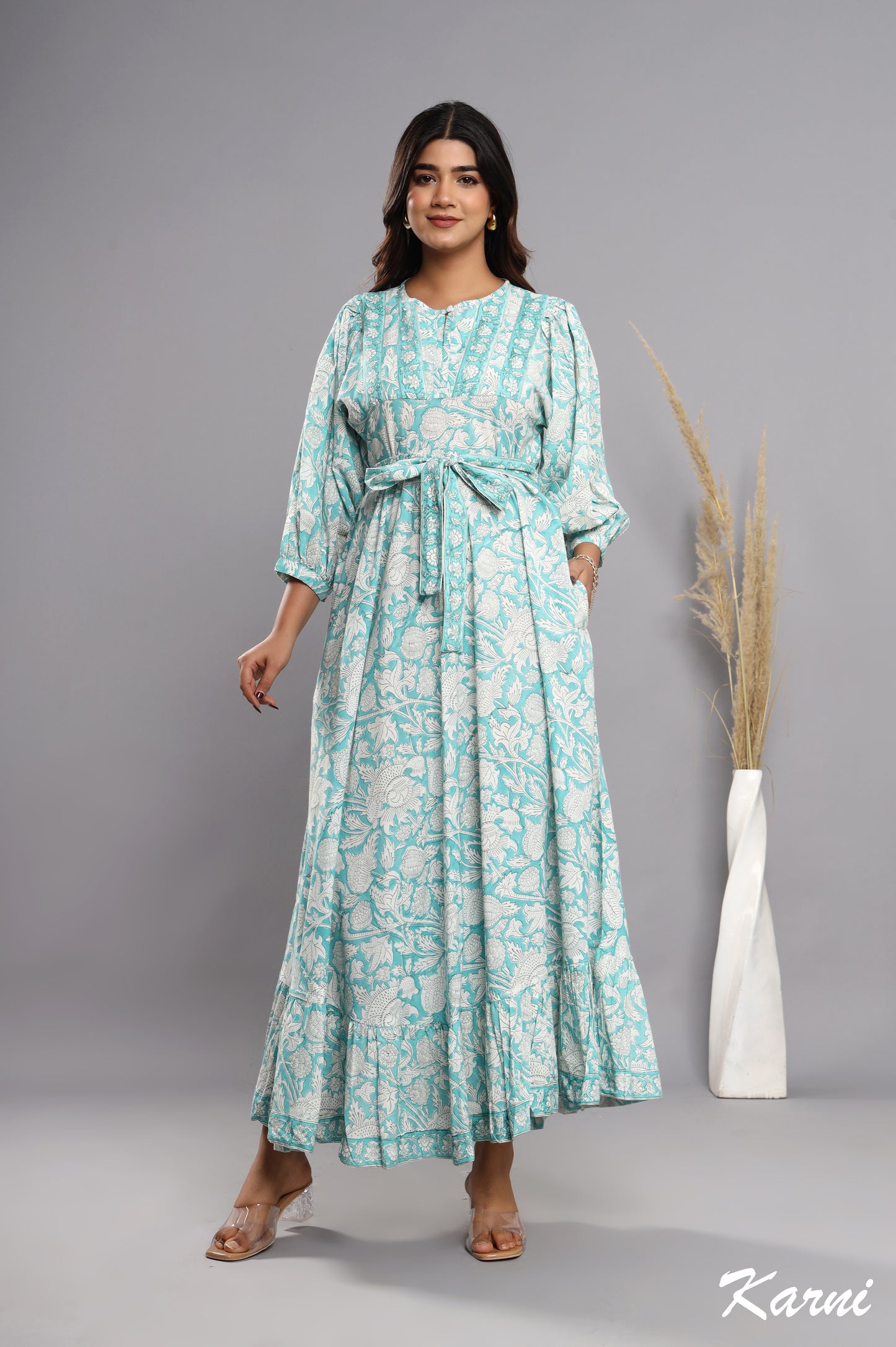 powder blue cotton hand block printed floral long maxi dress - 3/4th sleeve bohemian dress
