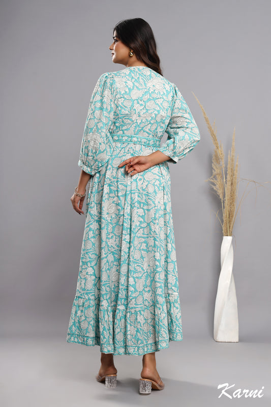 powder blue cotton hand block printed floral long maxi dress - 3/4th sleeve bohemian dress