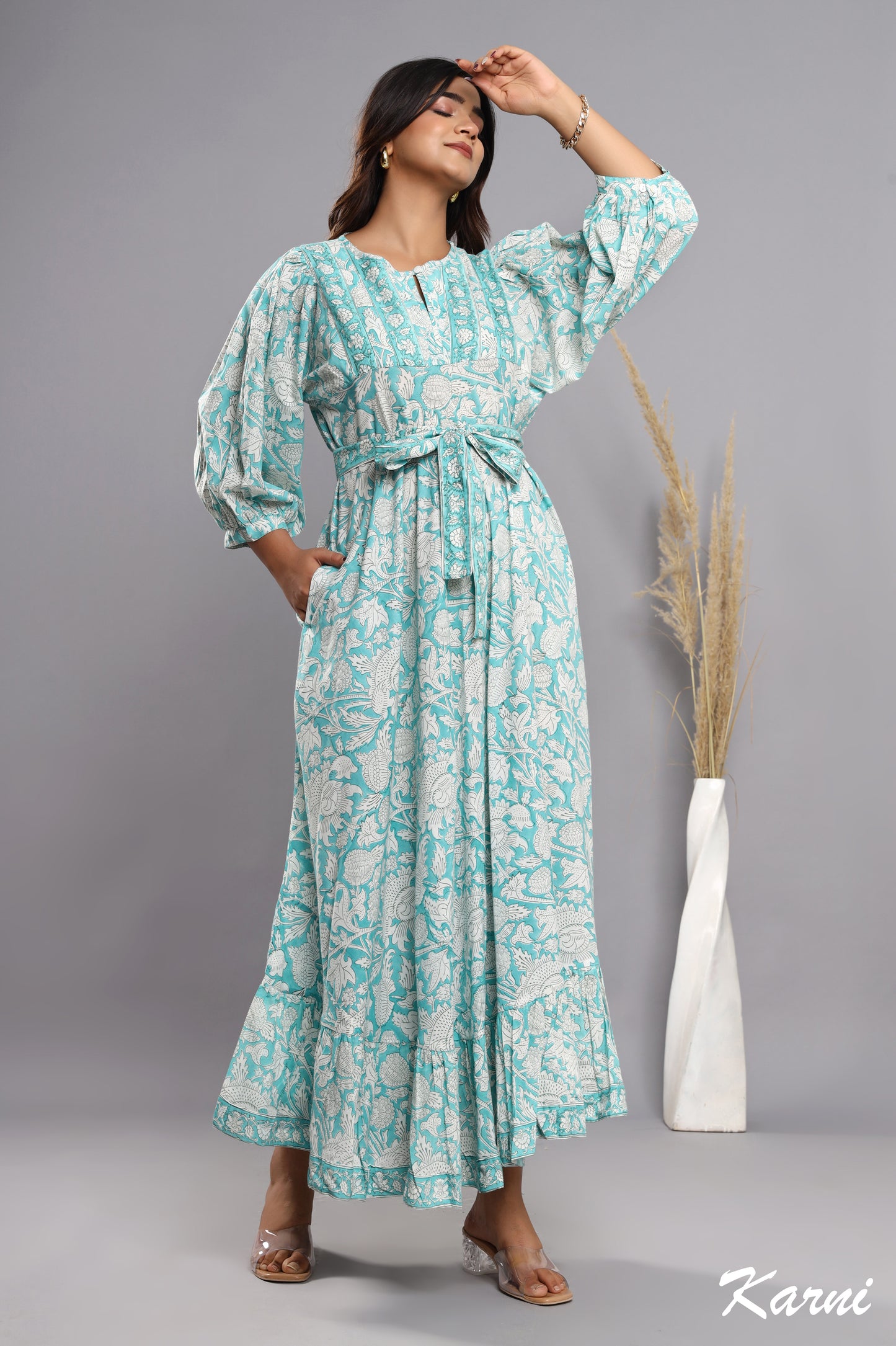 powder blue cotton hand block printed floral long maxi dress - 3/4th sleeve bohemian dress