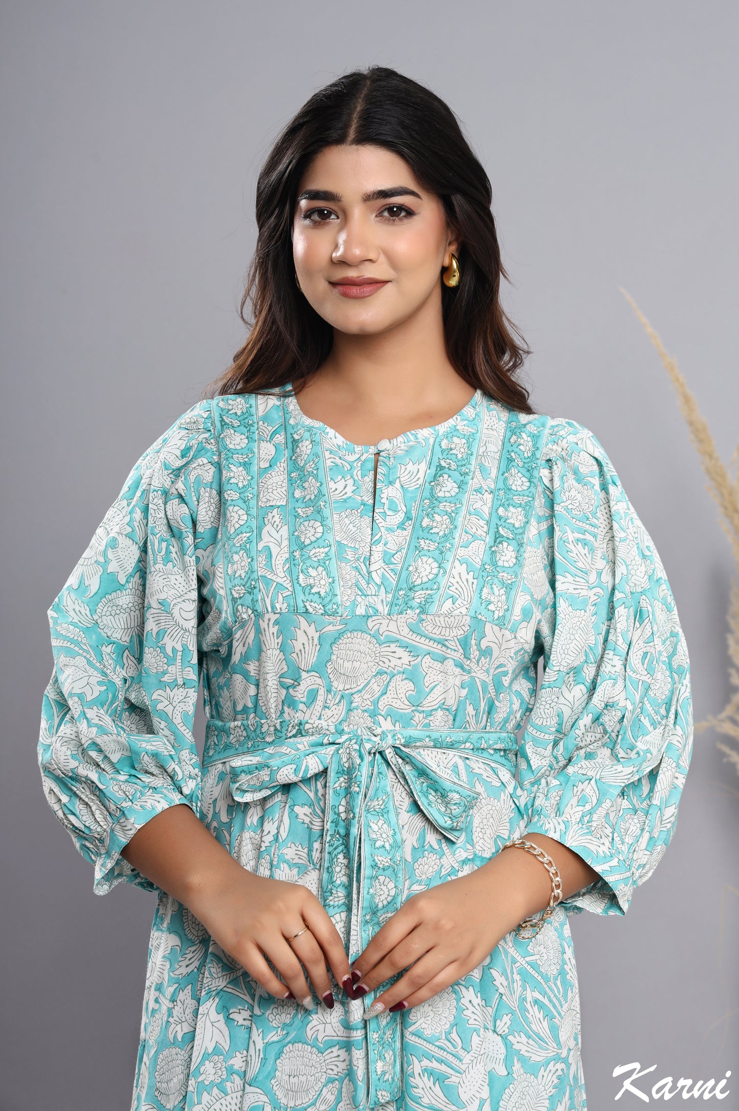 powder blue cotton hand block printed floral long maxi dress - 3/4th sleeve bohemian dress
