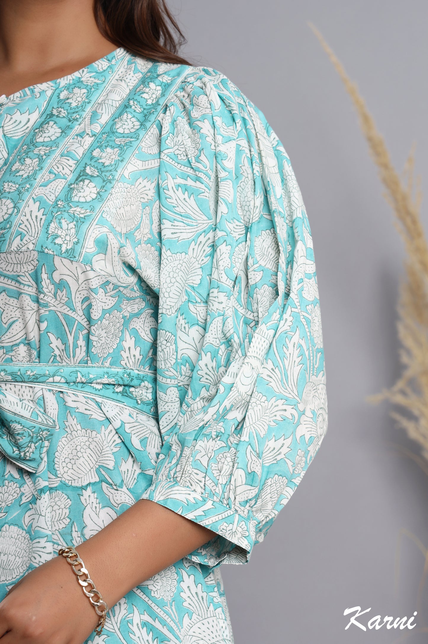 powder blue cotton hand block printed floral long maxi dress - 3/4th sleeve bohemian dress