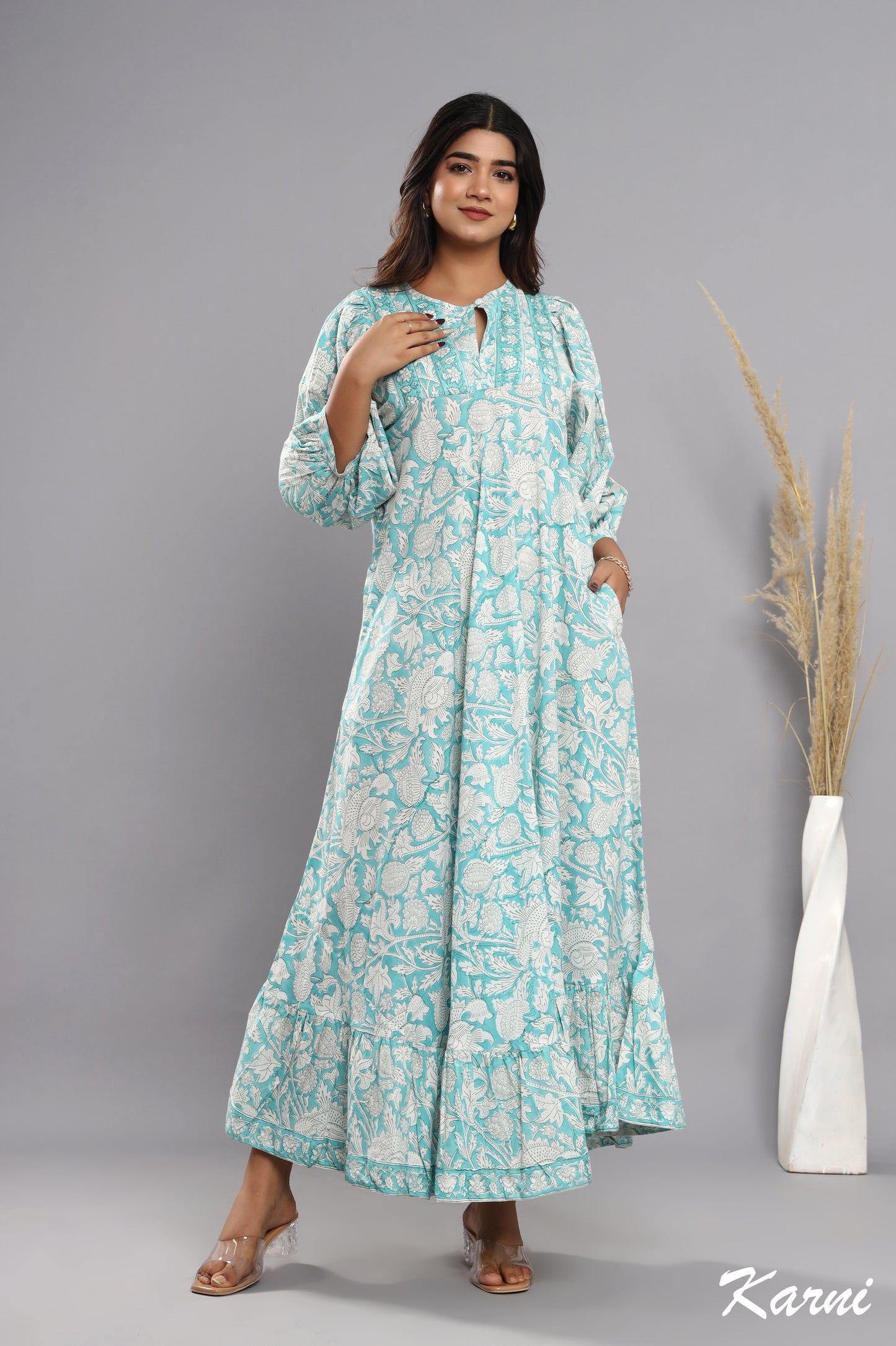 powder blue cotton hand block printed floral long maxi dress - 3/4th sleeve bohemian dress