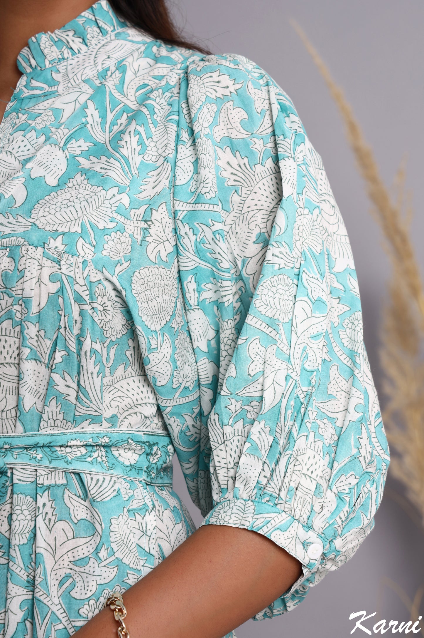 bohemian sky floral hand block printed cotton maxi dress - frill collar long dress