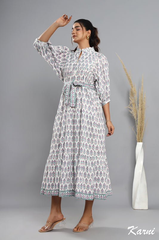 bohemian baby pink blue floral hand block printed long maxi dress - frill collar cotton dress