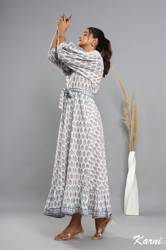 dark orchid jade green hand block printed cotton floral maxi dress - 3/4th sleeve long dress