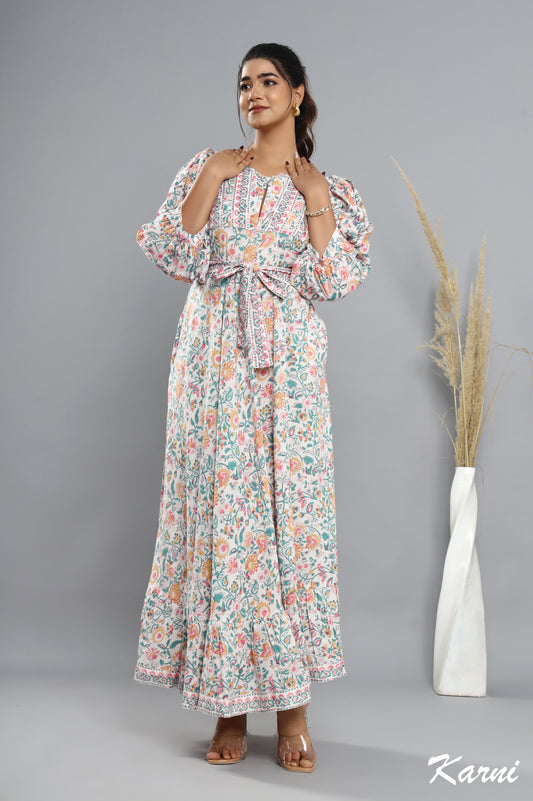 long teal honey hand block printed floral bohemian maxi dress - 3/4 sleeve cotton dress