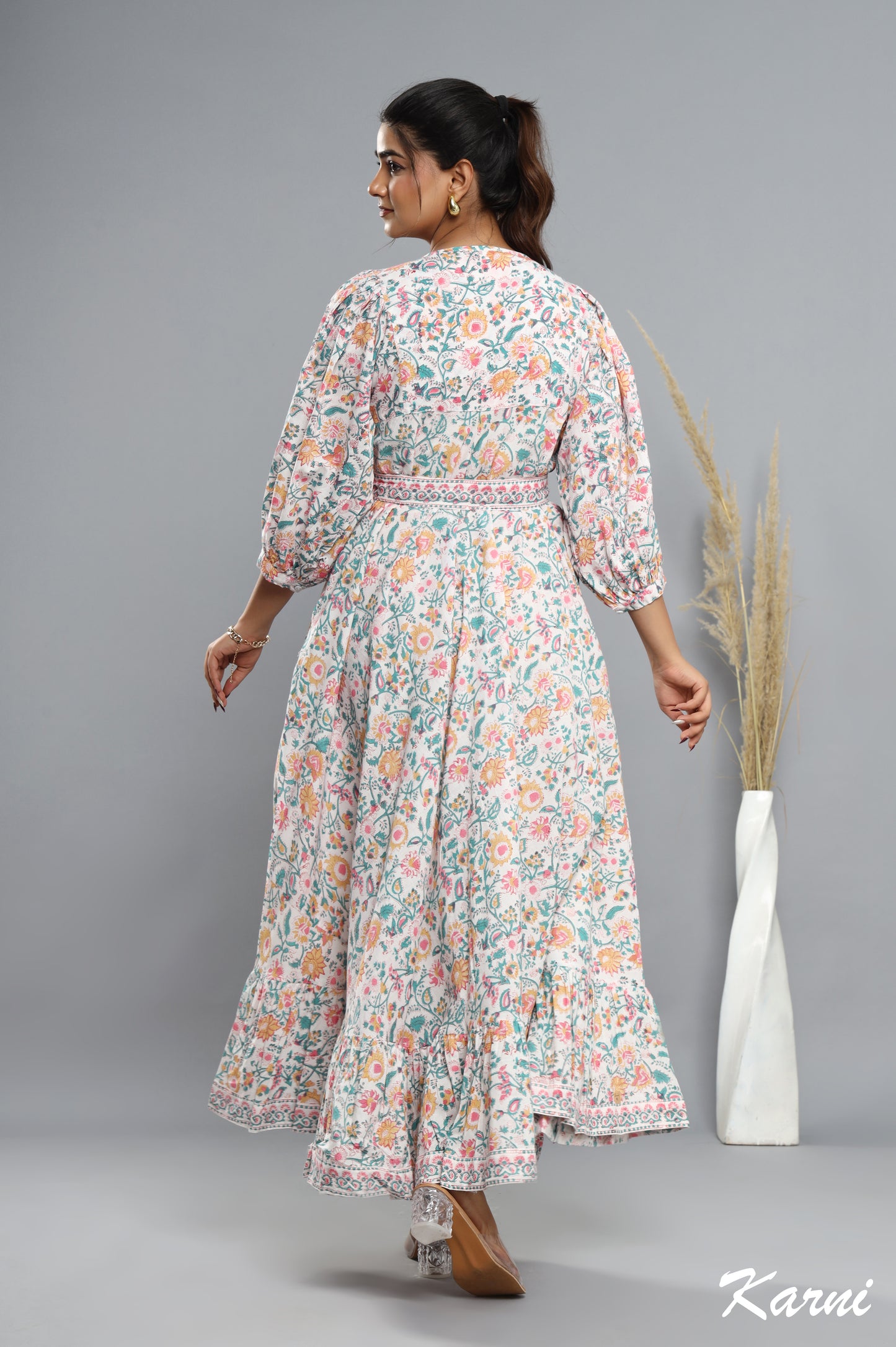long teal honey hand block printed floral bohemian maxi dress - 3/4 sleeve cotton dress