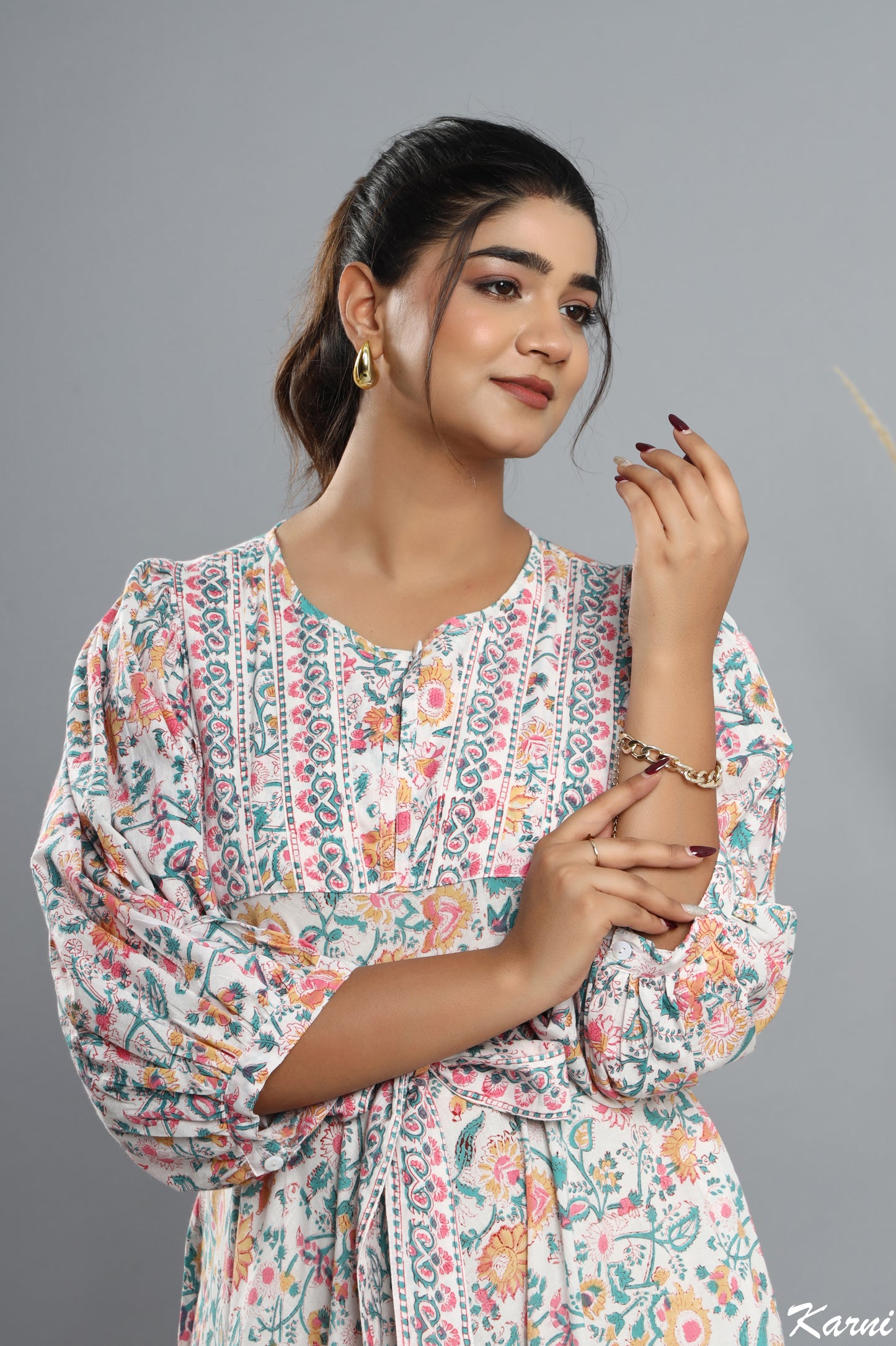 long teal honey hand block printed floral bohemian maxi dress - 3/4 sleeve cotton dress