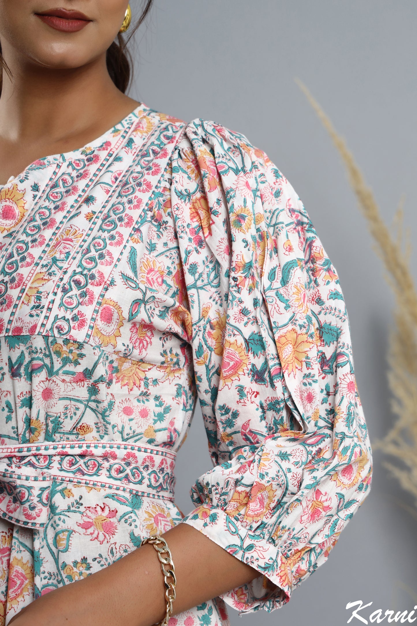 long teal honey hand block printed floral bohemian maxi dress - 3/4 sleeve cotton dress