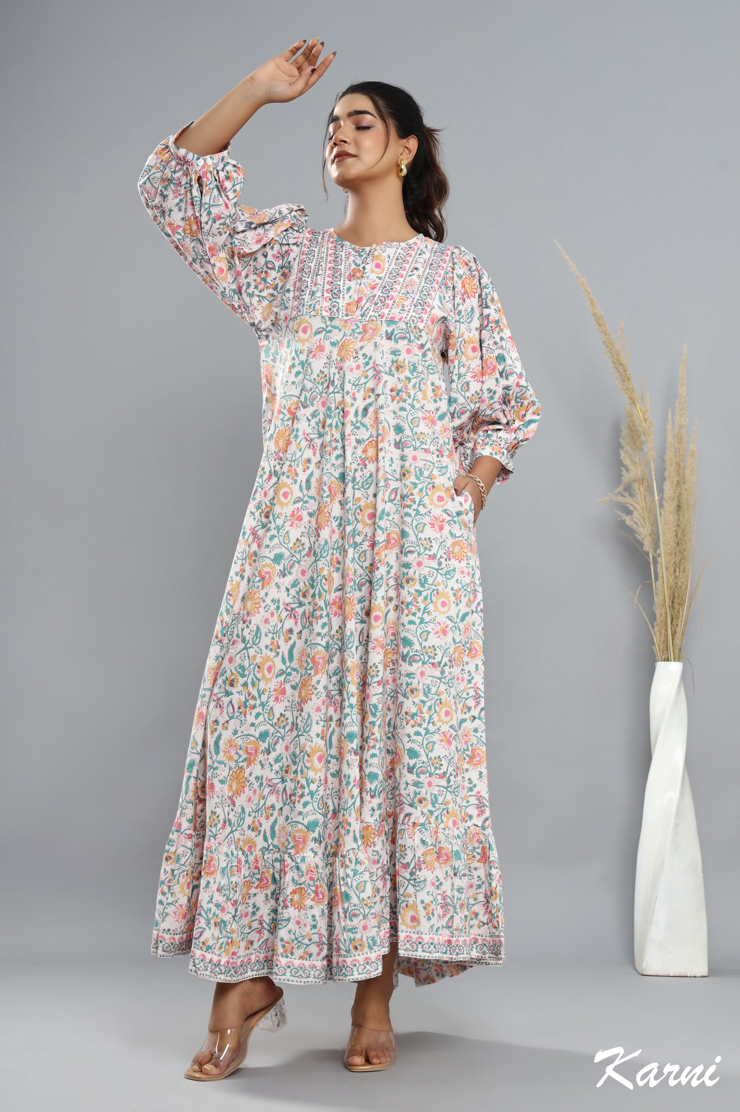 long teal honey hand block printed floral bohemian maxi dress - 3/4 sleeve cotton dress