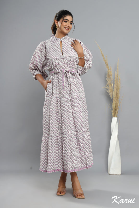 cotton thistle floral hand block printed bohemian maxi dress - frill collar long dress