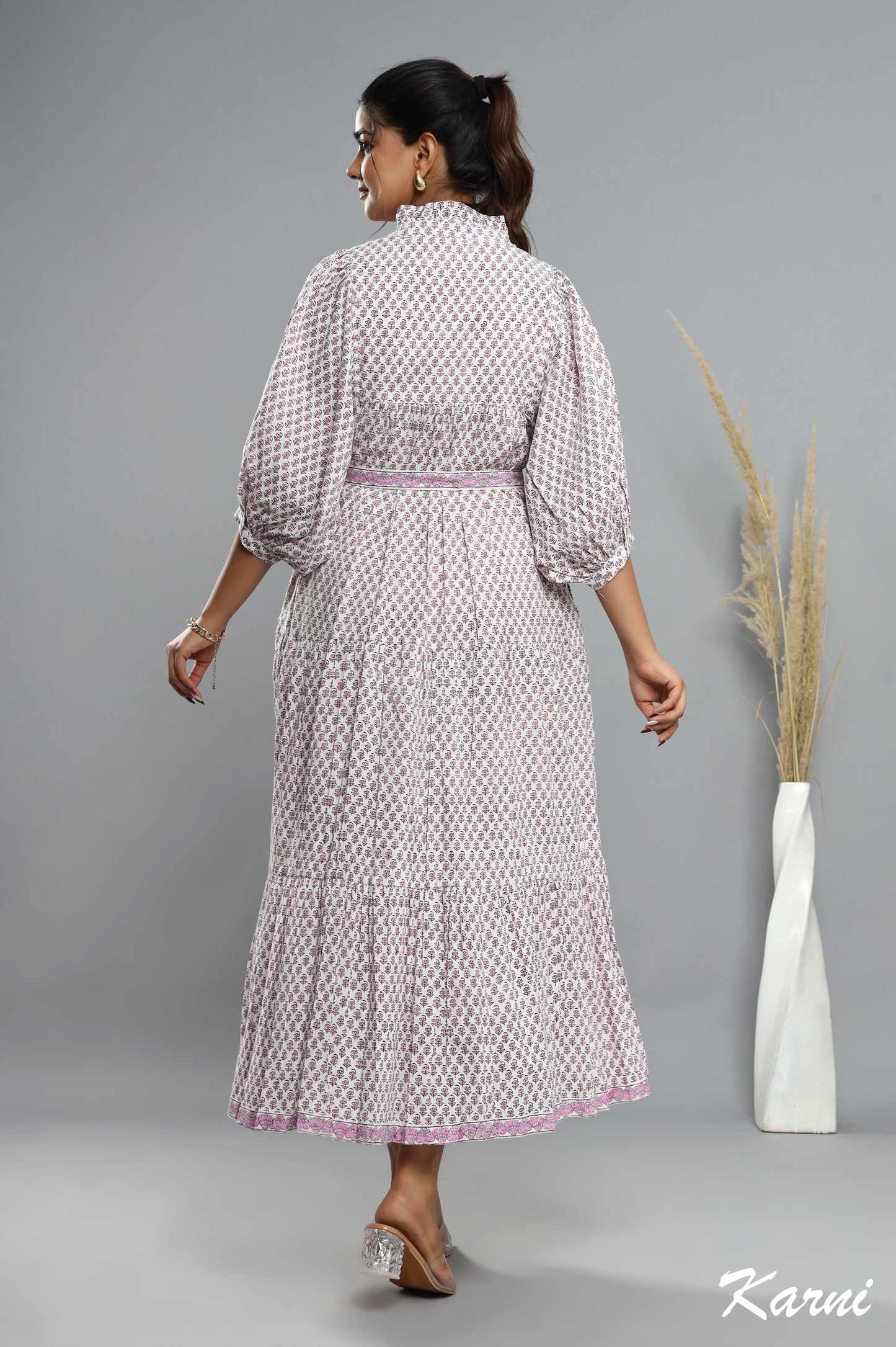 cotton thistle floral hand block printed bohemian maxi dress - frill collar long dress