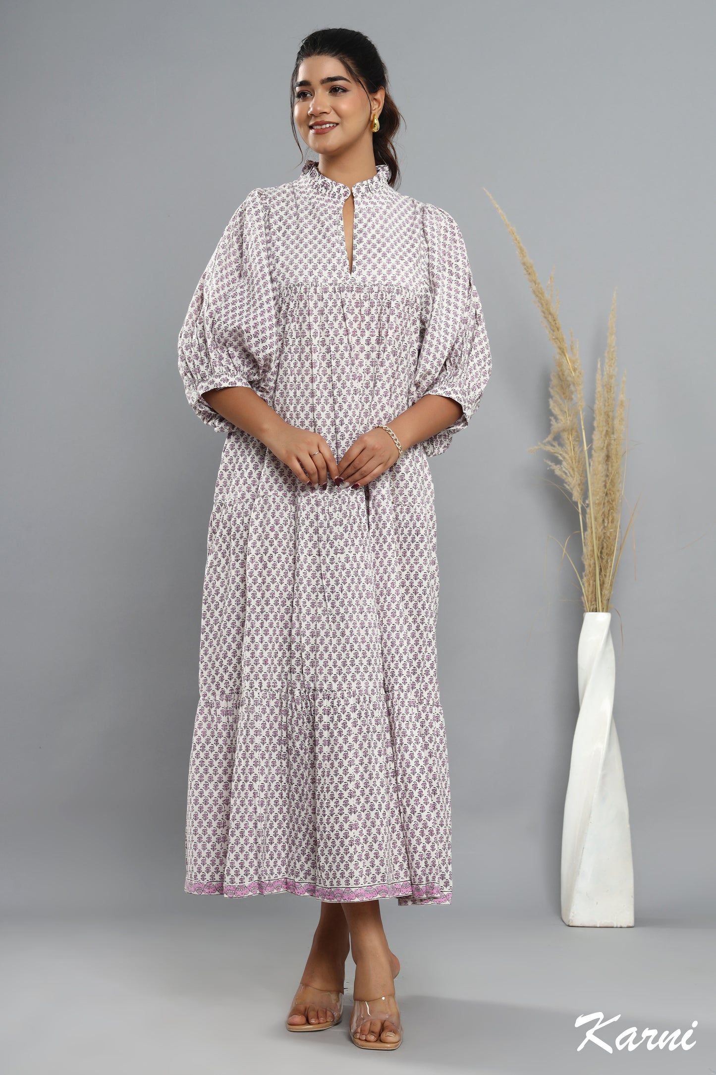 cotton thistle floral hand block printed bohemian maxi dress - frill collar long dress