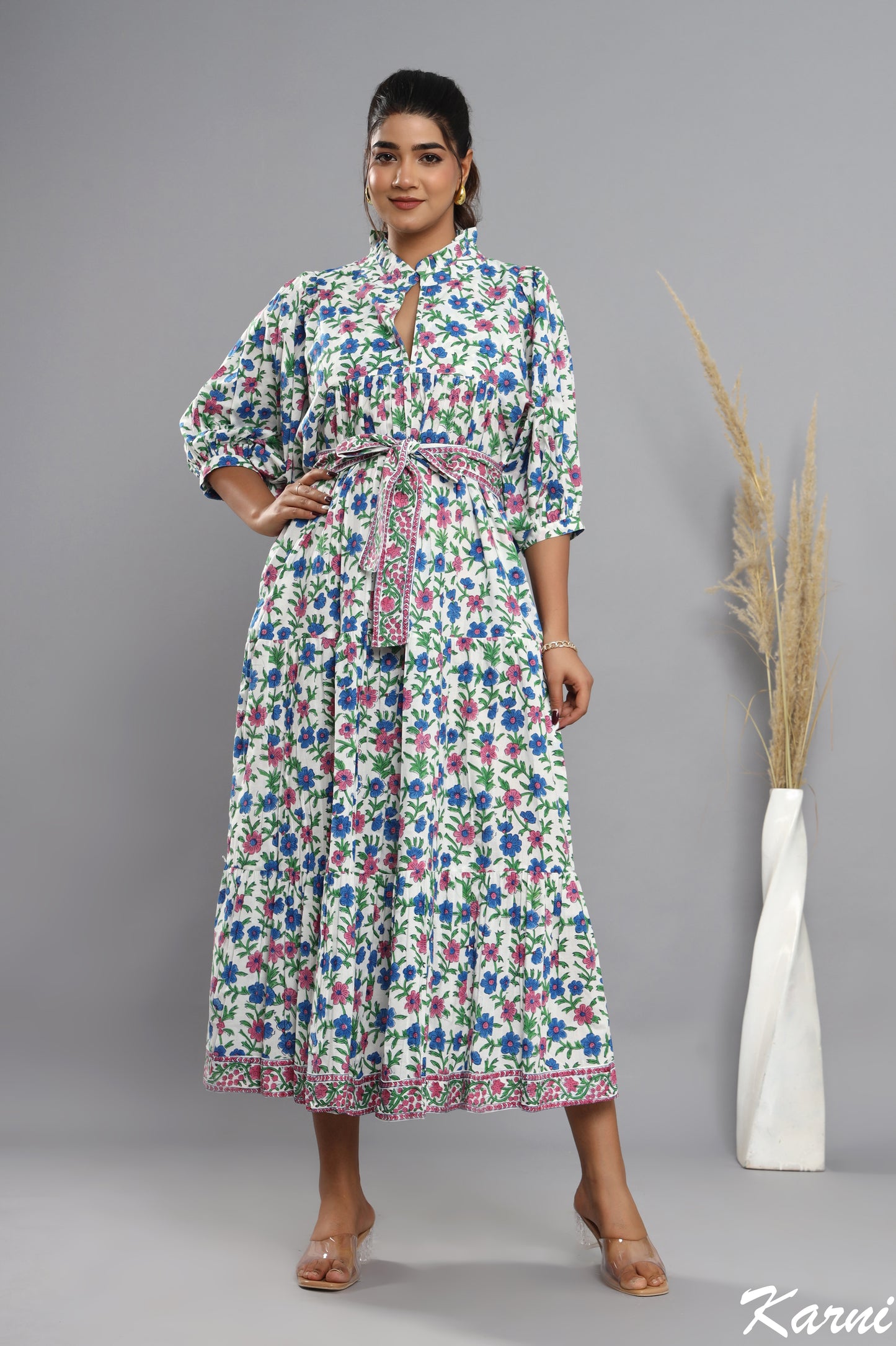 french pink bayren blue floral hand block printed cotton maxi dress - frill collar long dress
