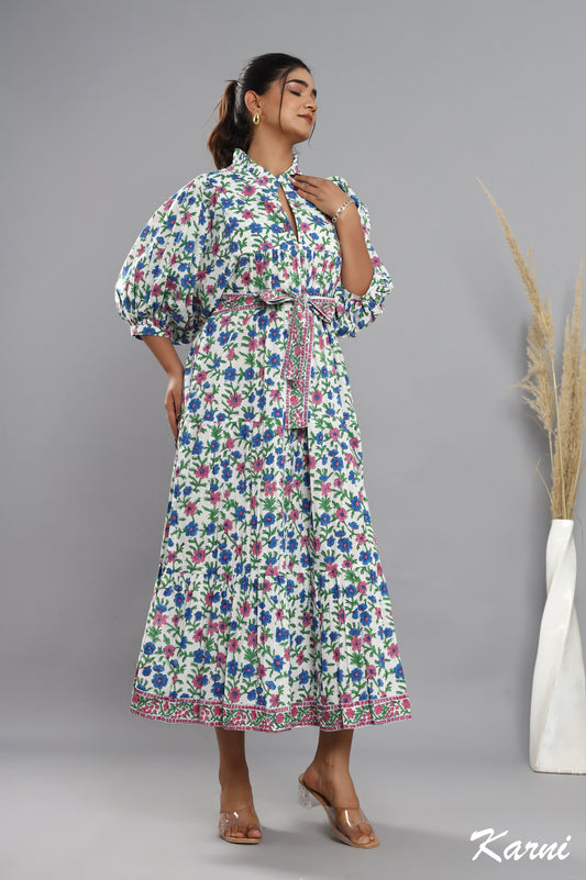 french pink bayren blue floral hand block printed cotton maxi dress - frill collar long dress