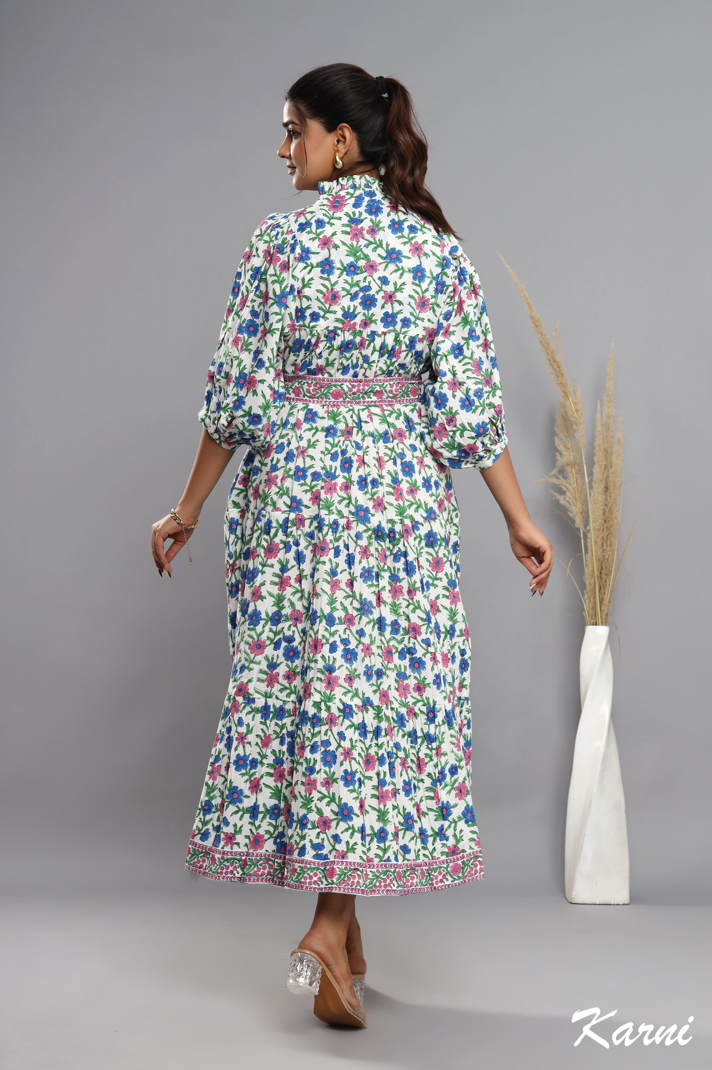 french pink bayren blue floral hand block printed cotton maxi dress - frill collar long dress