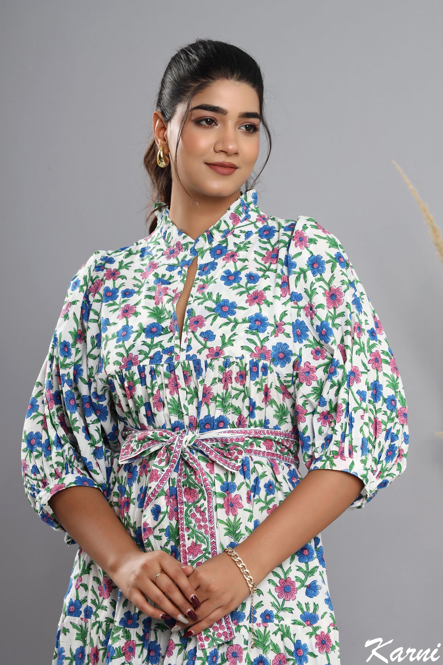 french pink bayren blue floral hand block printed cotton maxi dress - frill collar long dress