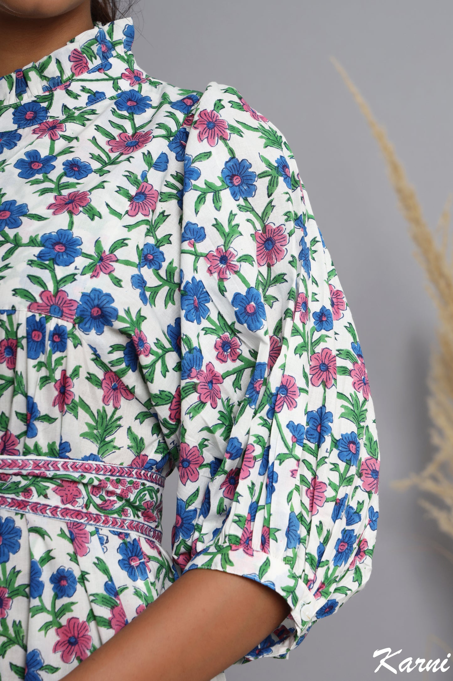 french pink bayren blue floral hand block printed cotton maxi dress - frill collar long dress