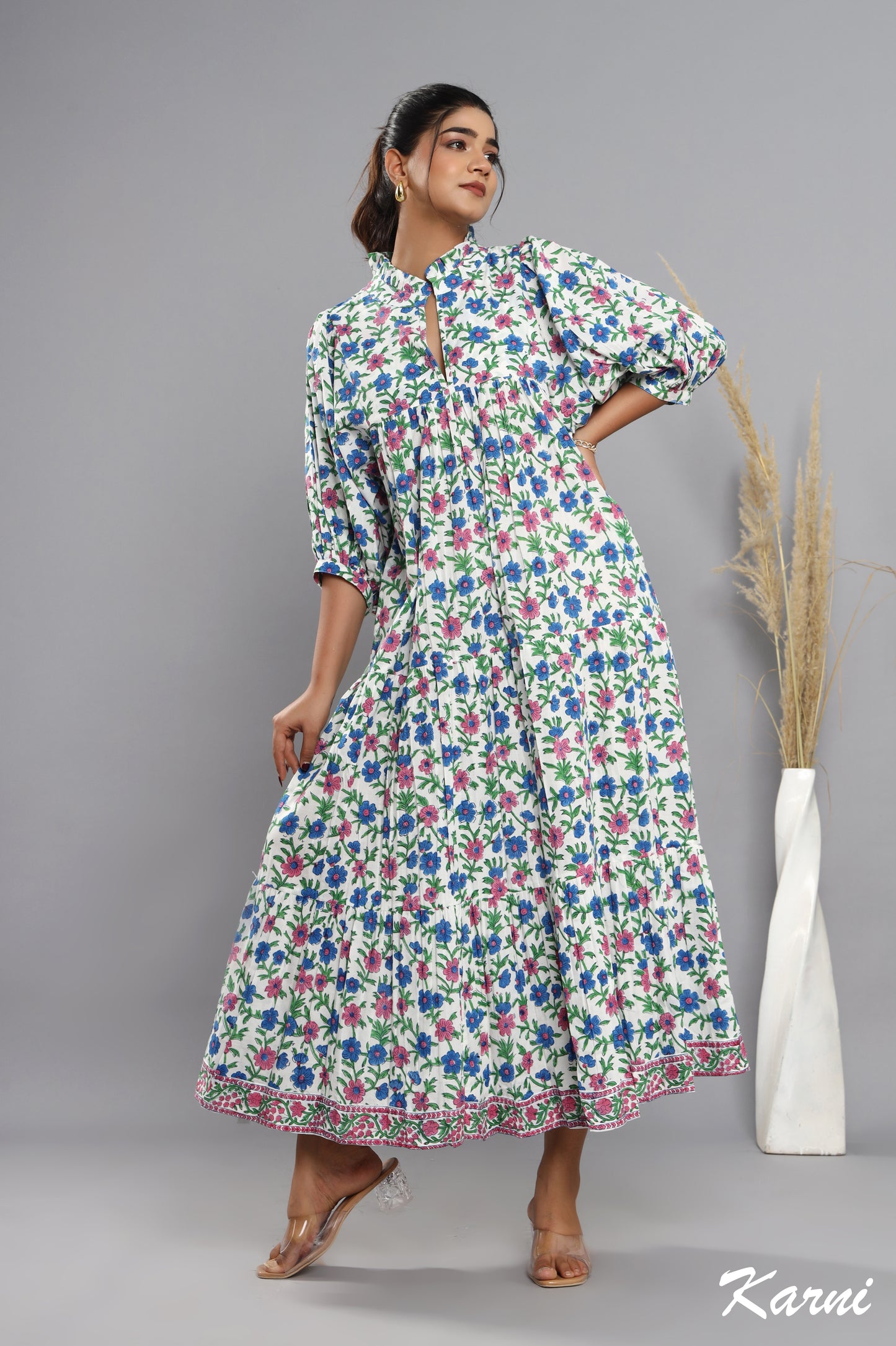 french pink bayren blue floral hand block printed cotton maxi dress - frill collar long dress