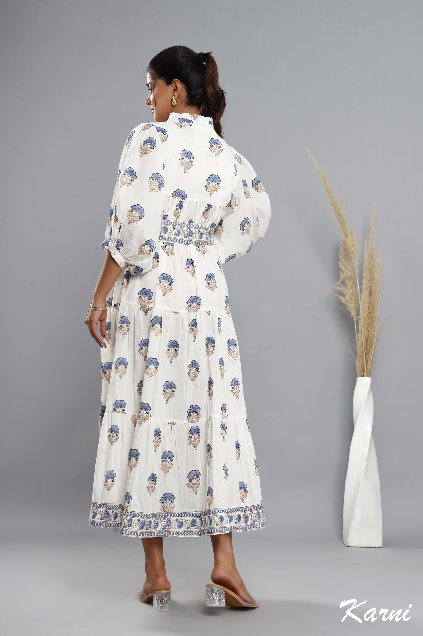 cotton little boy blue hand block printed floral long maxi dress - frill collar bohemian dress