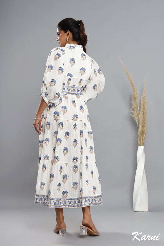 cotton little boy blue hand block printed floral long maxi dress - frill collar bohemian dress