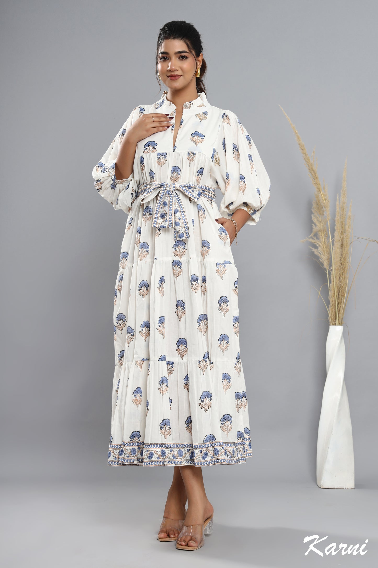 cotton little boy blue hand block printed floral long maxi dress - frill collar bohemian dress