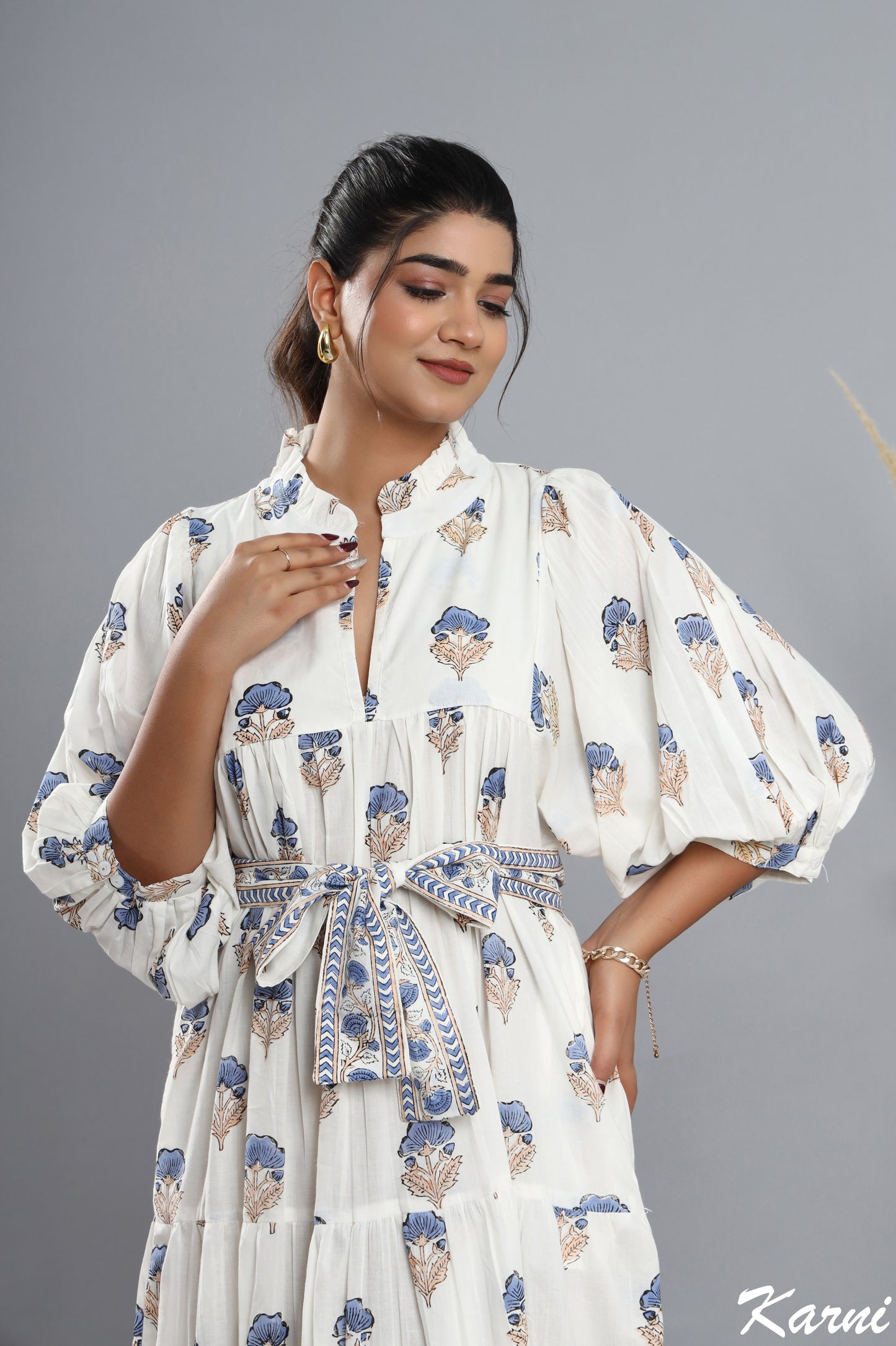 cotton little boy blue hand block printed floral long maxi dress - frill collar bohemian dress