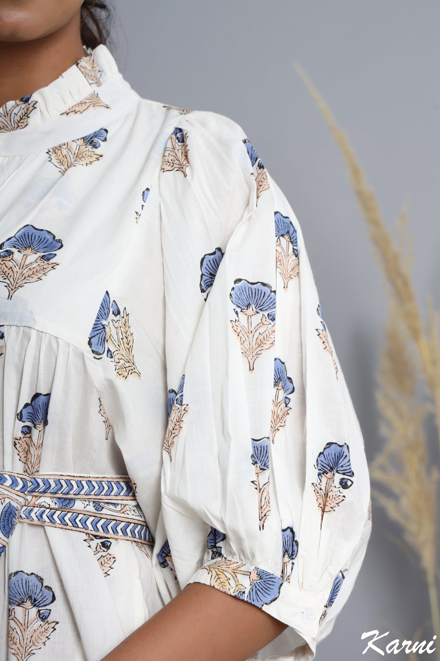 cotton little boy blue hand block printed floral long maxi dress - frill collar bohemian dress