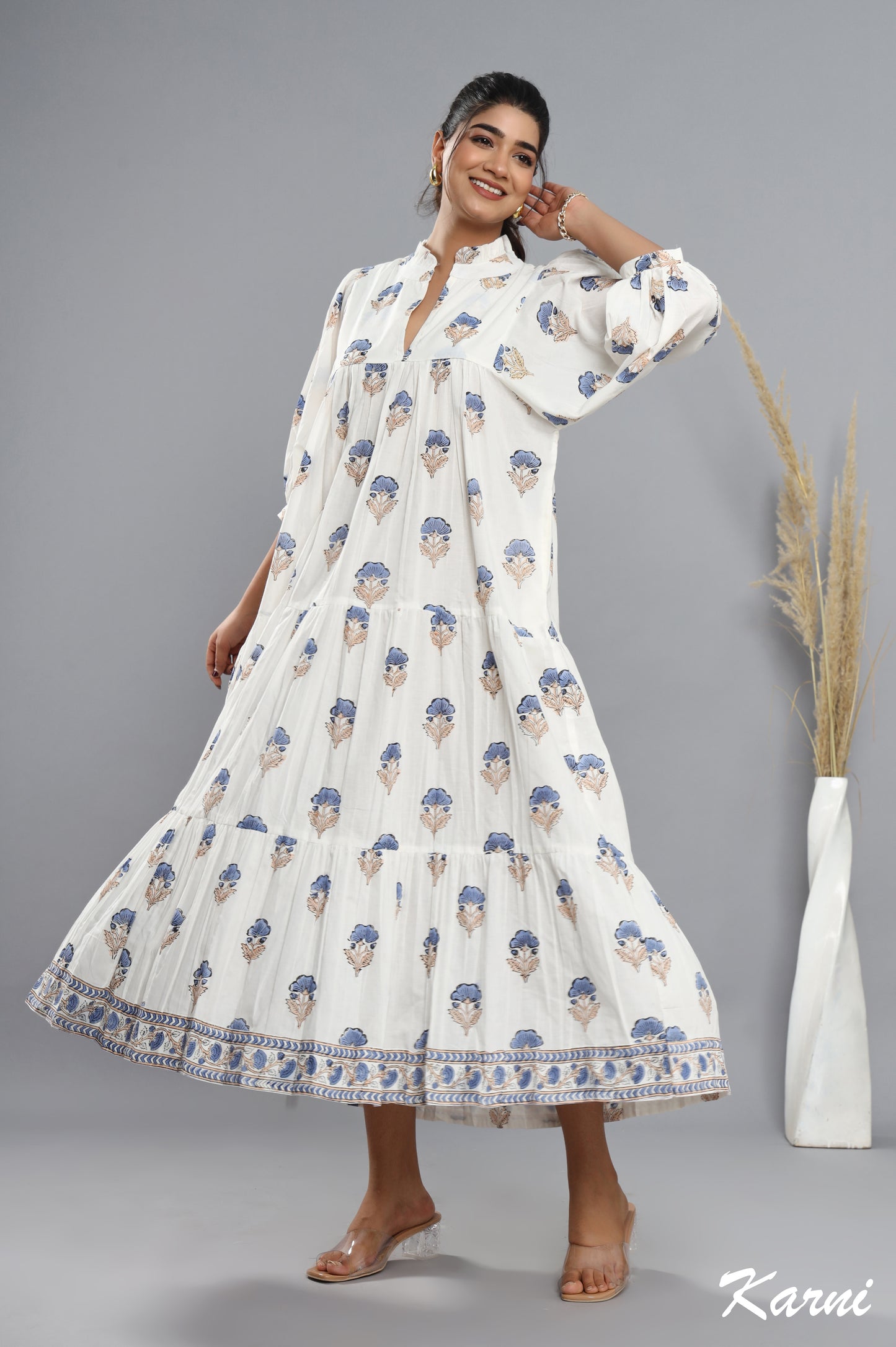 cotton little boy blue hand block printed floral long maxi dress - frill collar bohemian dress