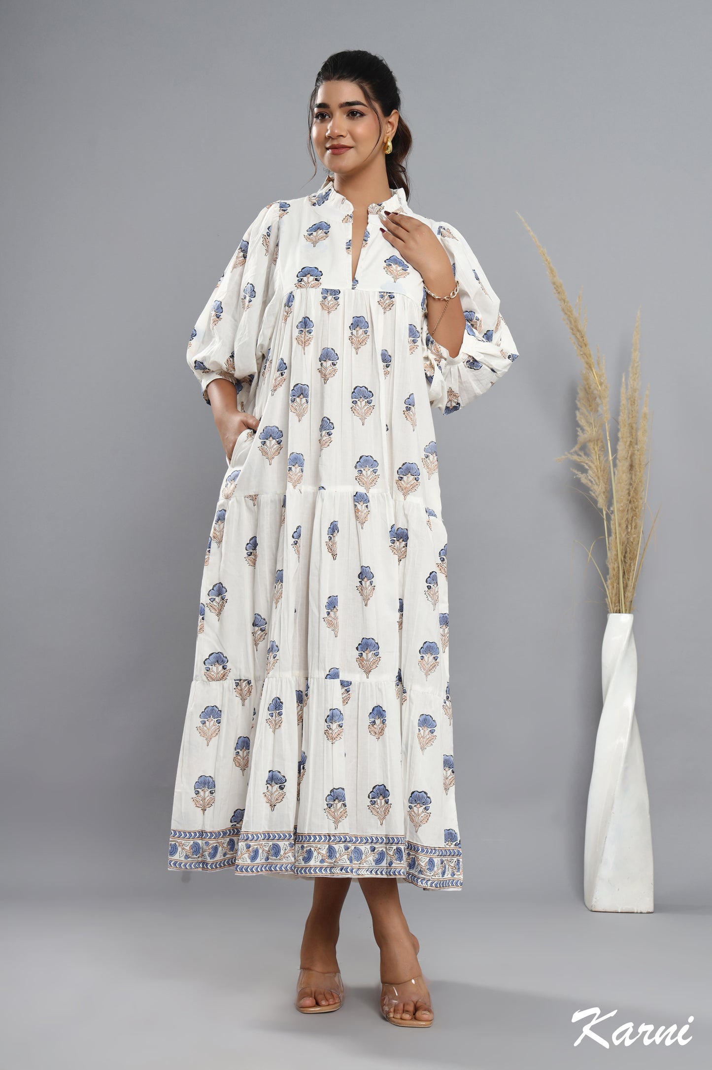 cotton little boy blue hand block printed floral long maxi dress - frill collar bohemian dress