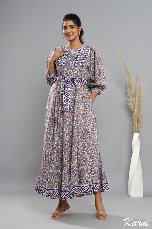 dark violet floral hand block printed cotton long maxi dress - 3/4th sleeve bohemian dress