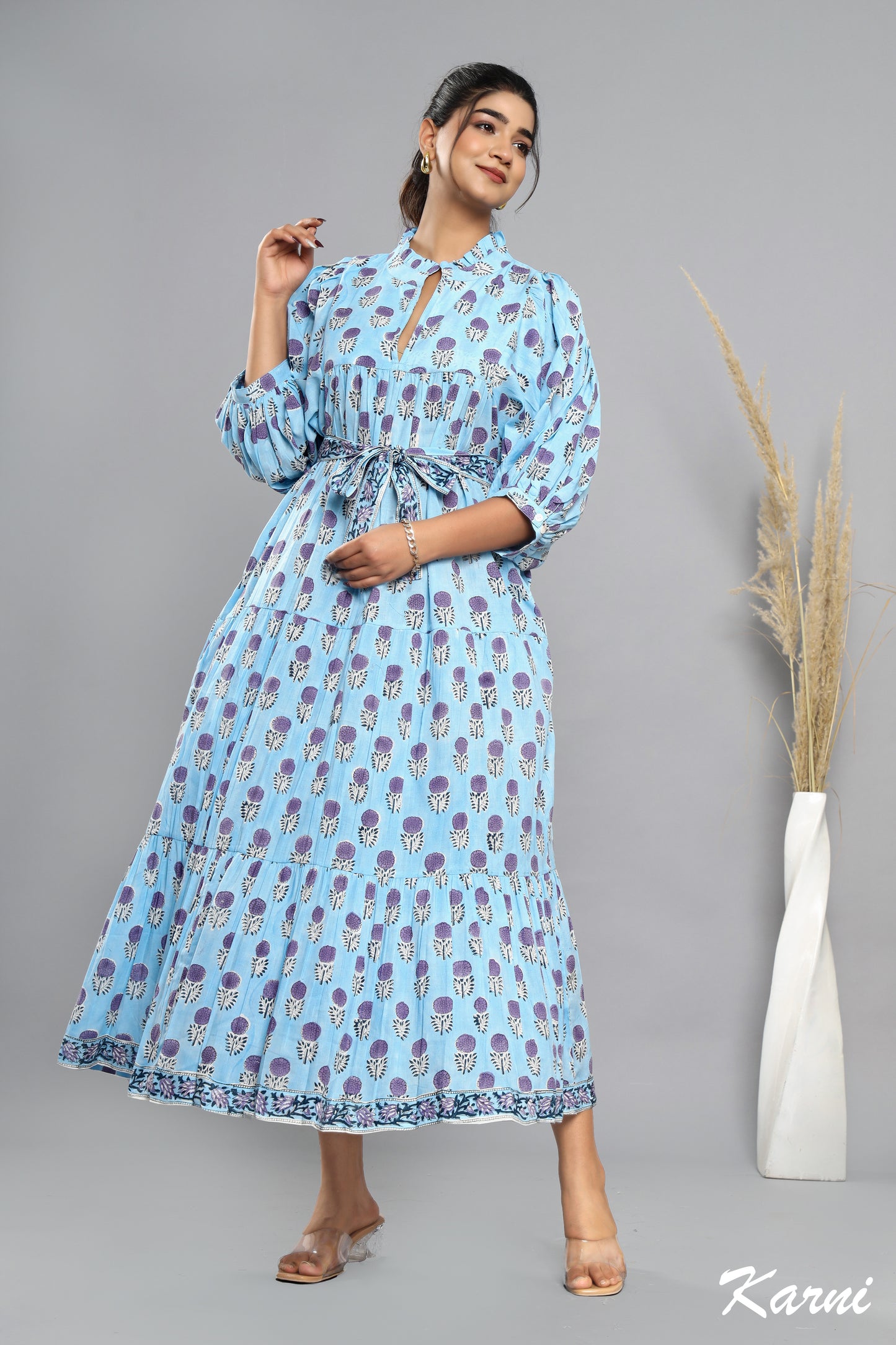 cotton baby blue mauve floral hand block printed bohemian maxi dress - frill collar long dress