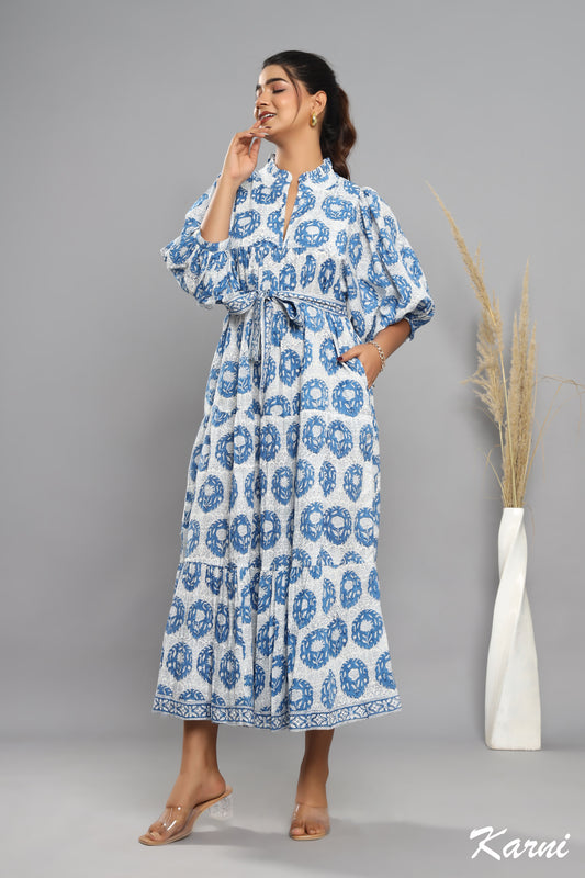 bohemian steel hand block printed cotton floral maxi dress - frill collar long dress