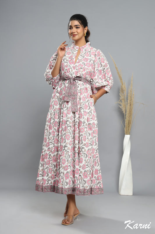 flamingo gray floral hand block printed long maxi dress - frill collar cotton dress