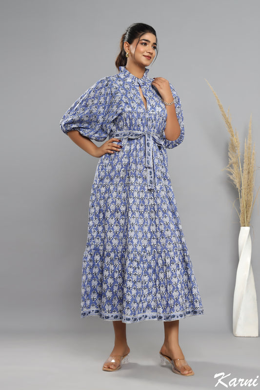 indian blue floral block printed women's maxi dress - frill collar cotton long dress - dress with belt