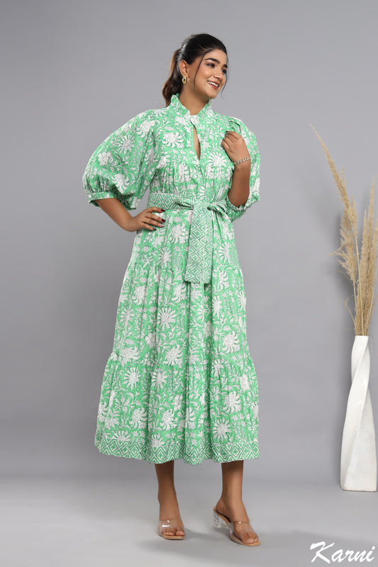 green floral hand block printed women's maxi dress - frill collar with belt dress - 3-4th sleeves boho dress