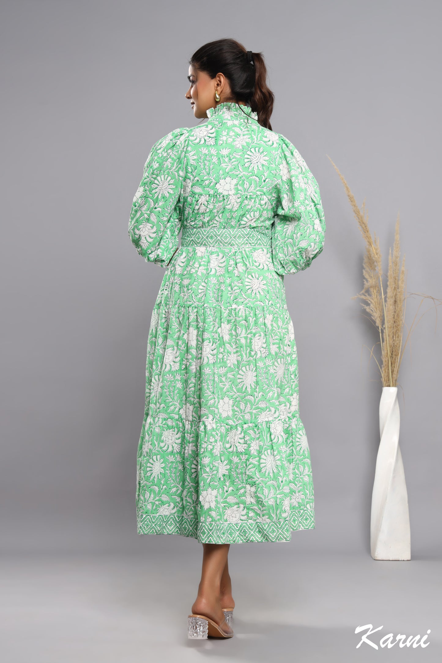 green floral hand block printed women's maxi dress - frill collar with belt dress - 3-4th sleeves boho dress