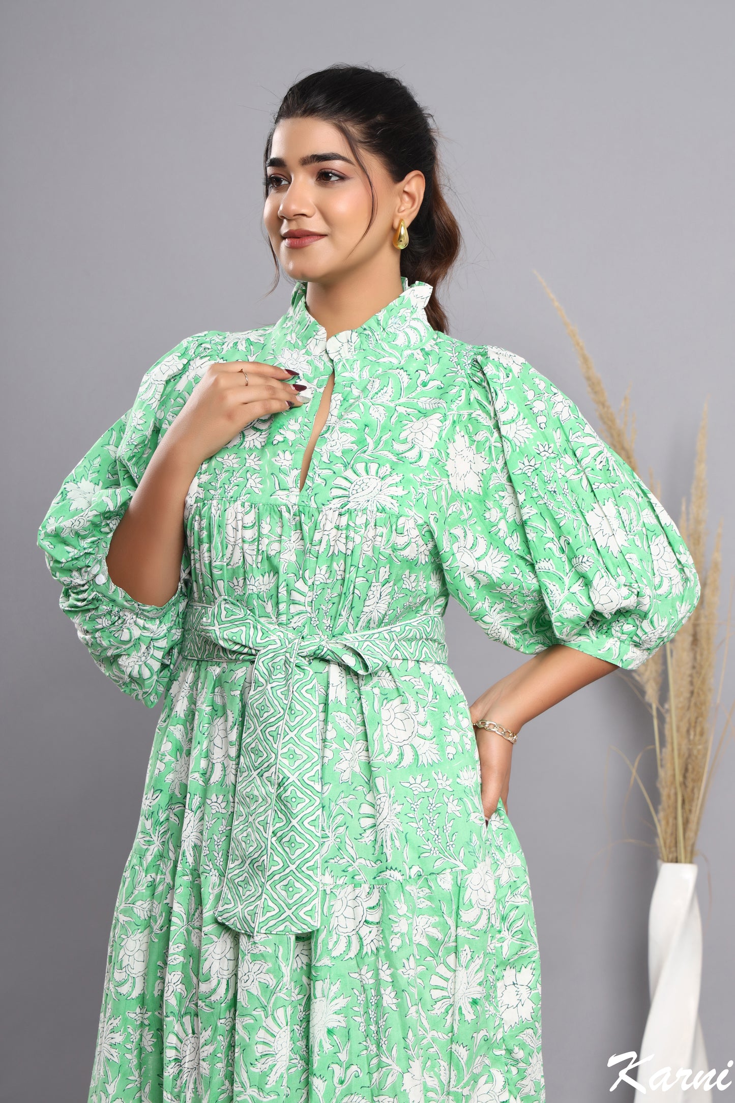 green floral hand block printed women's maxi dress - frill collar with belt dress - 3-4th sleeves boho dress