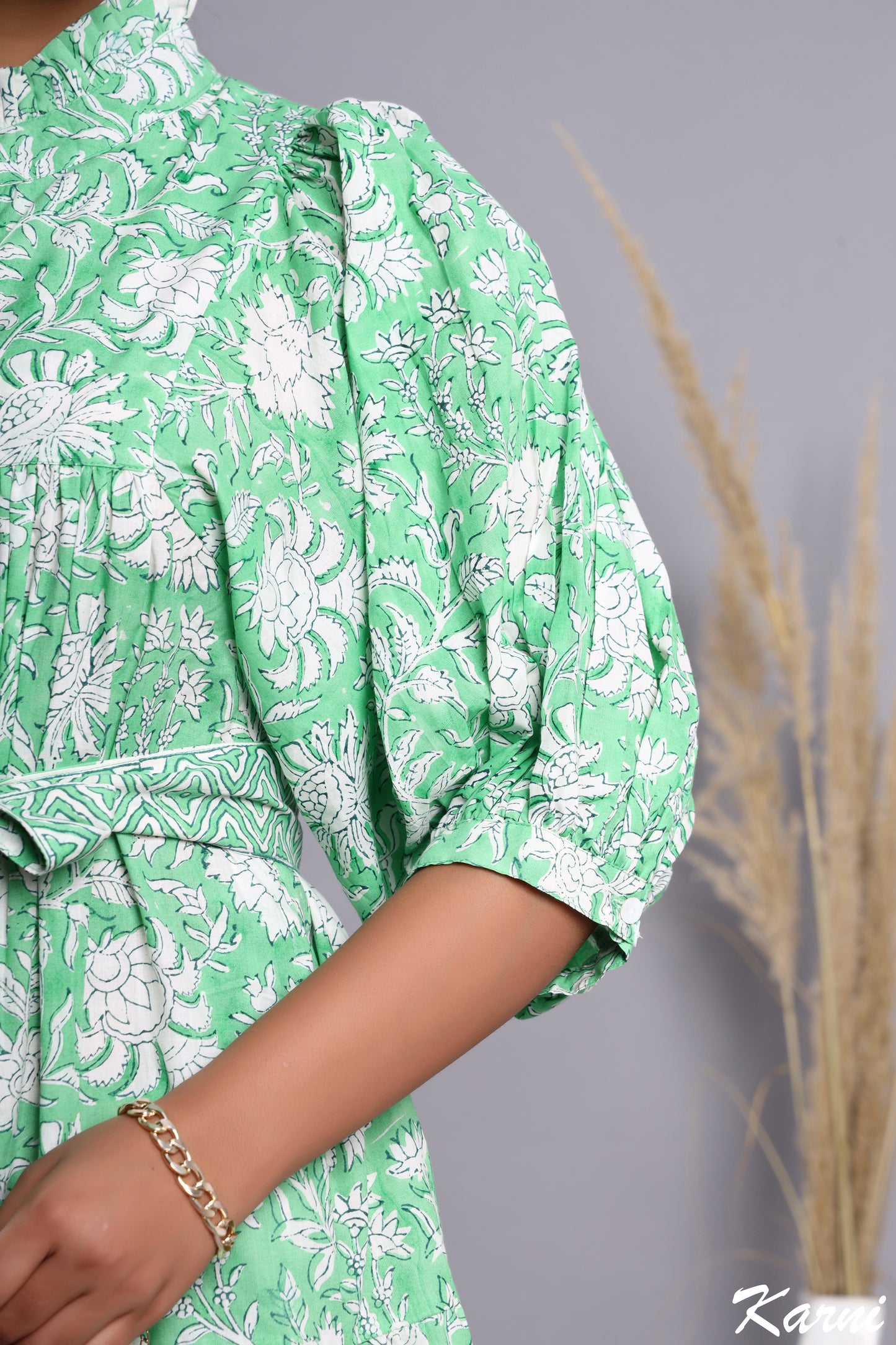 green floral hand block printed women's maxi dress - frill collar with belt dress - 3-4th sleeves boho dress