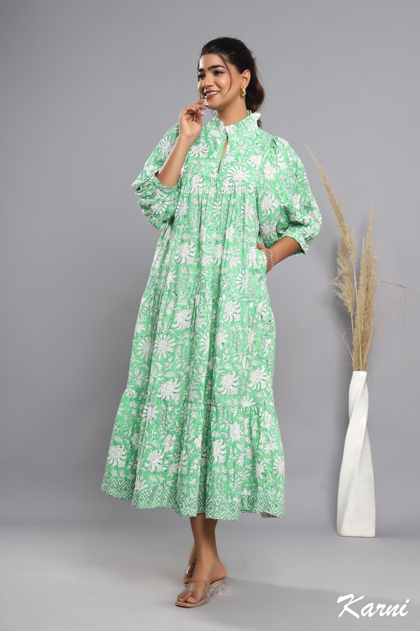 green floral hand block printed women's maxi dress - frill collar with belt dress - 3-4th sleeves boho dress