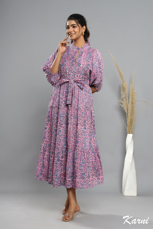 purple-blue floral plant printed women's maxi dress - frill collar with belt cotton long dress