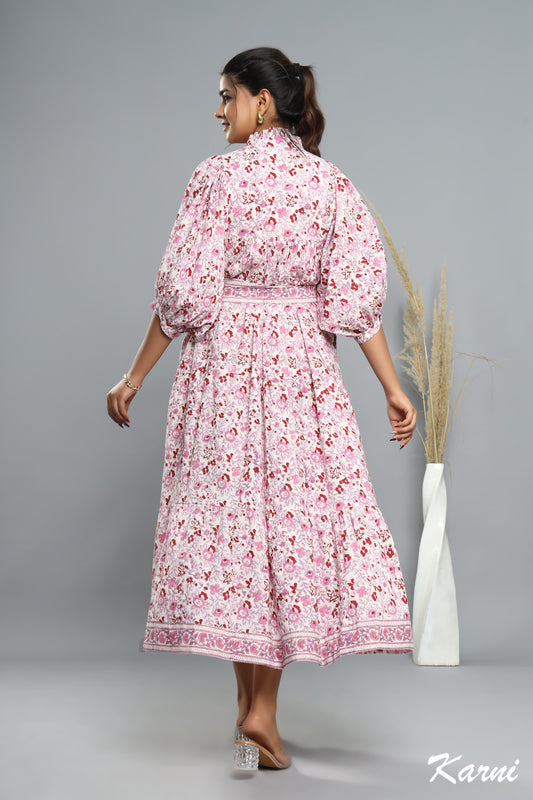 cotton pink floral hand block printed women's maxi dress -frill collar with belt casual long dress