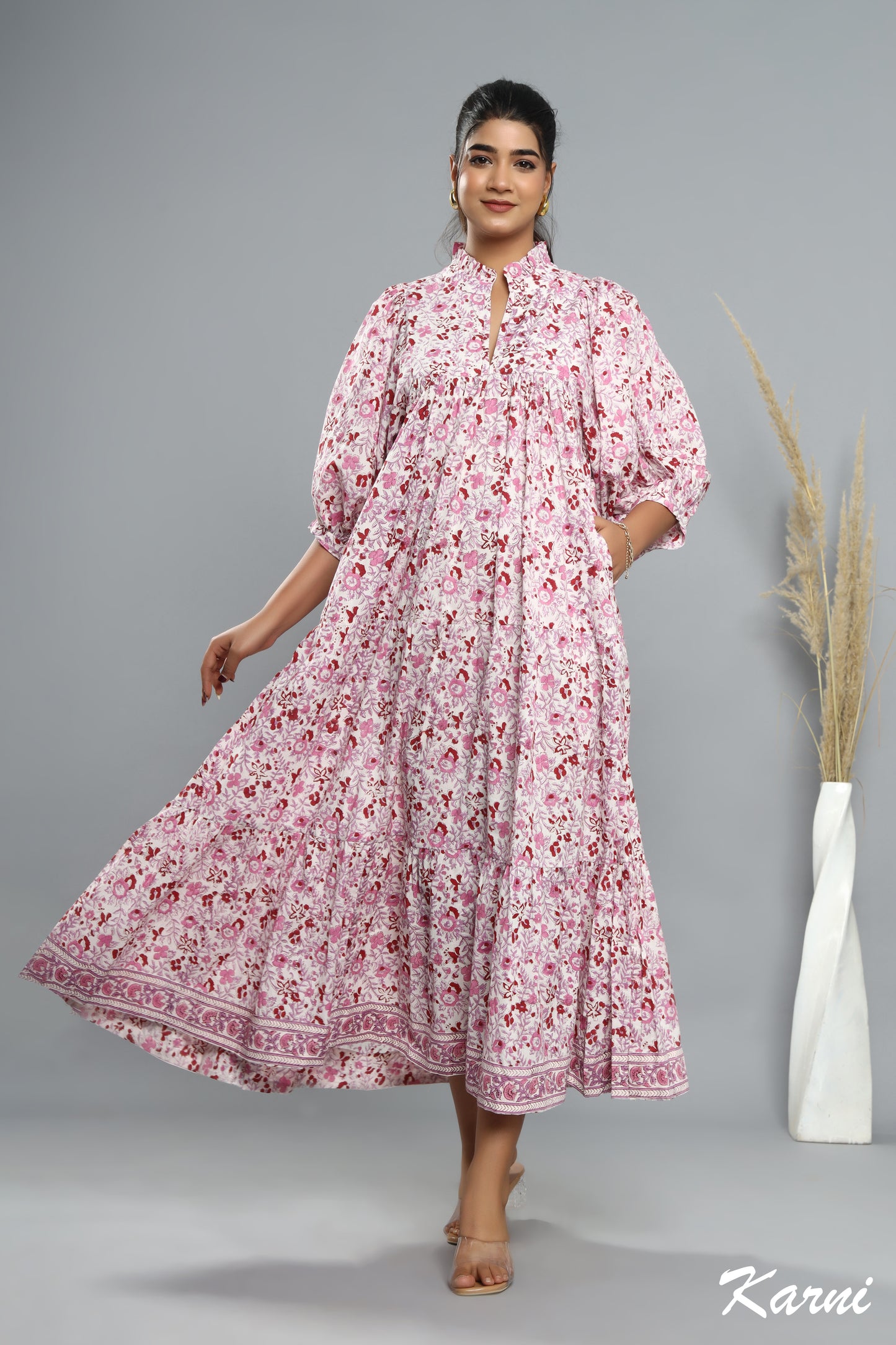 cotton pink floral hand block printed women's maxi dress -frill collar with belt casual long dress