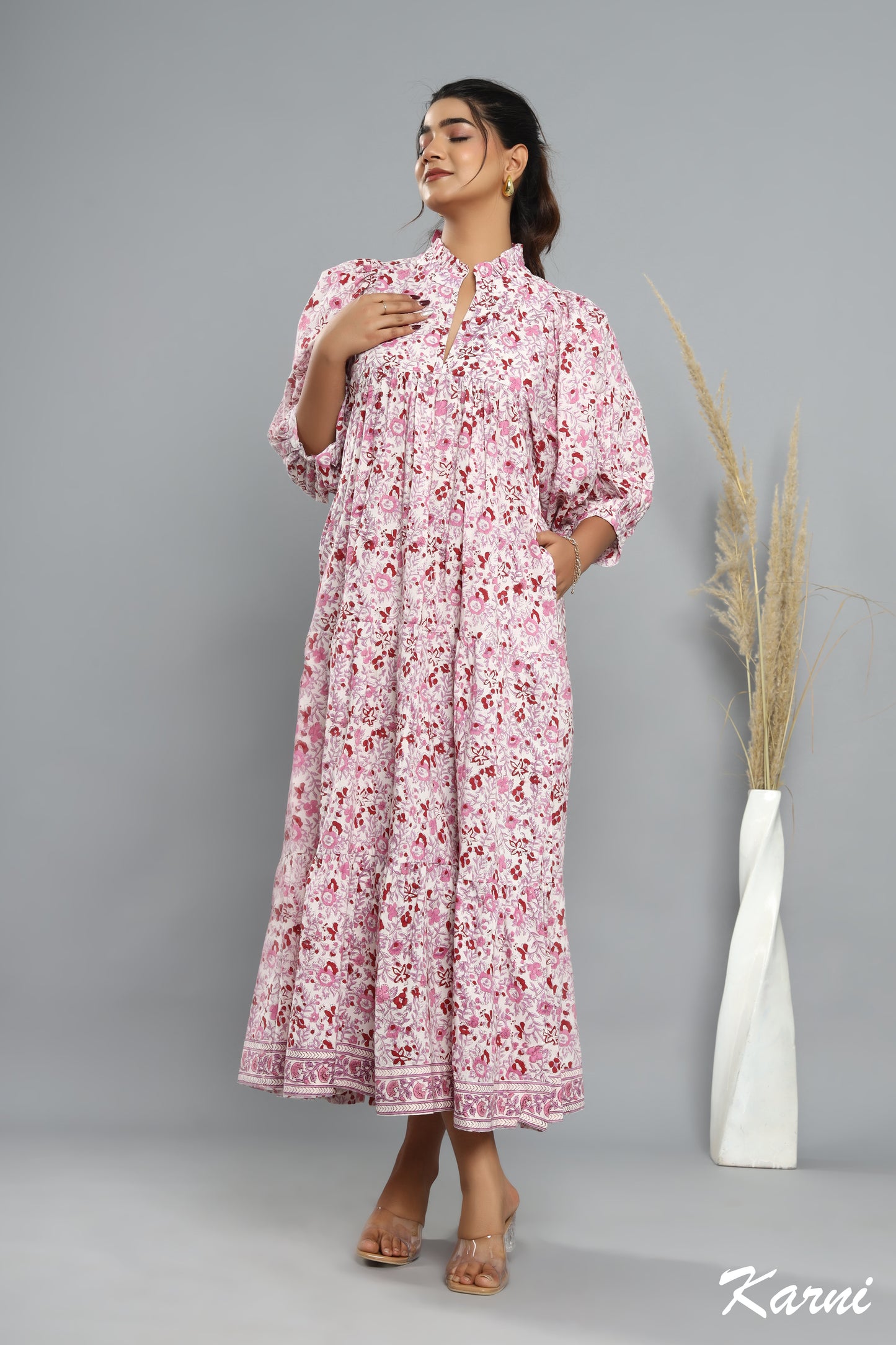 cotton pink floral hand block printed women's maxi dress -frill collar with belt casual long dress