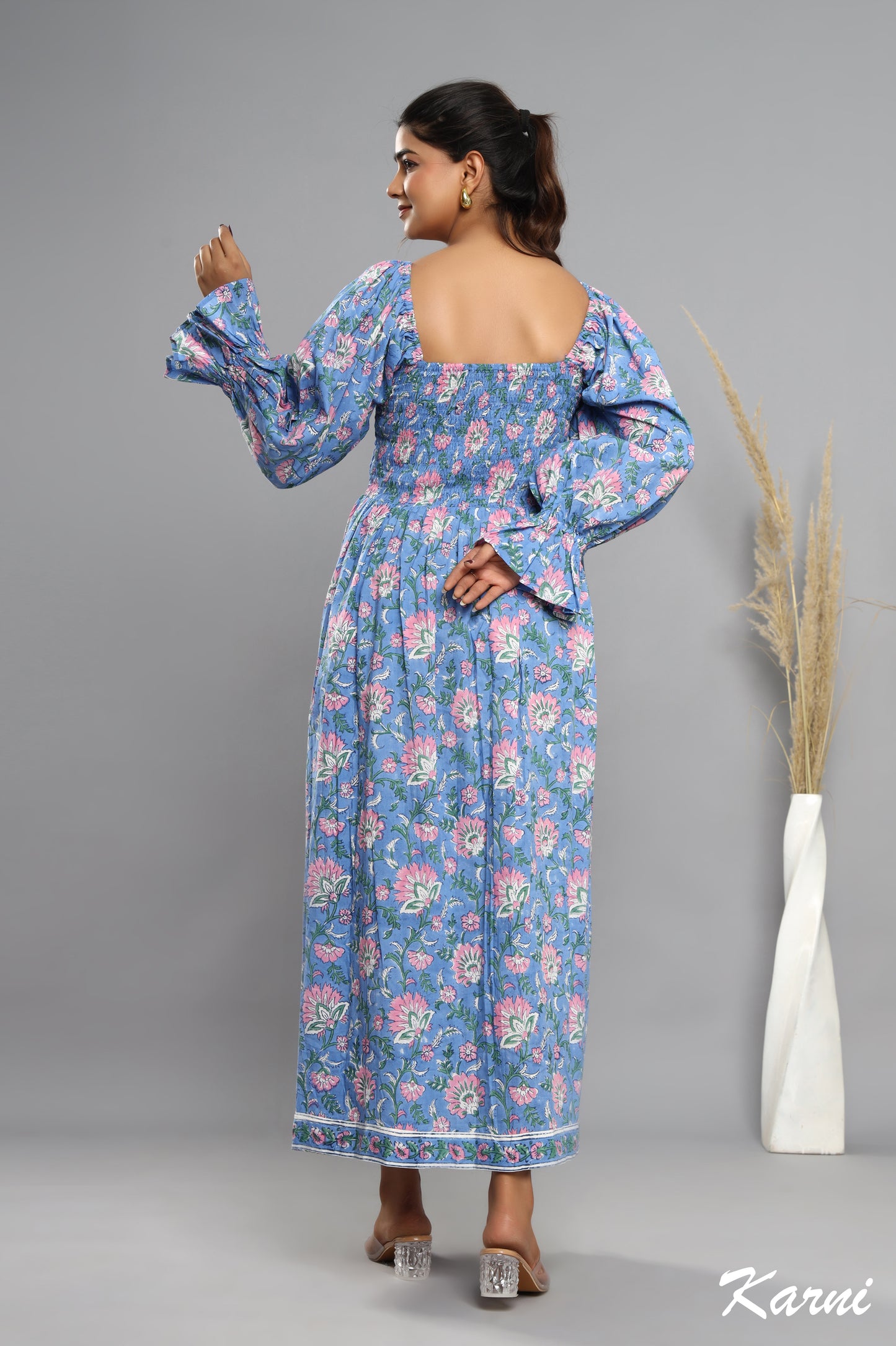 casual blue-pink floral hand block printed women's long maxi dress - long sleeves with square neck cotton long dress