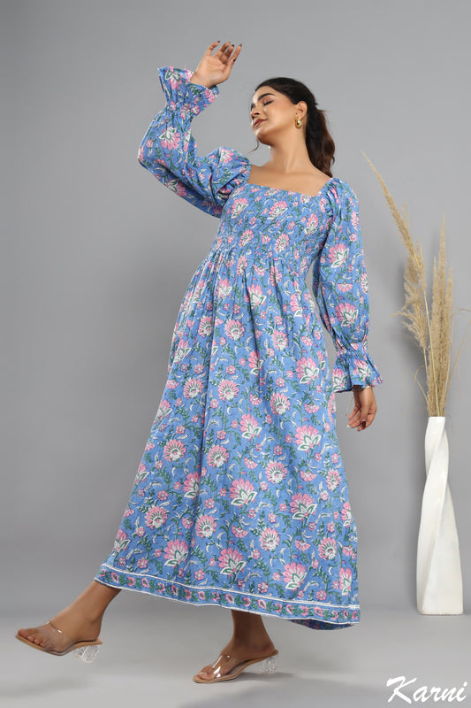 casual blue-pink floral hand block printed women's long maxi dress - long sleeves with square neck cotton long dress