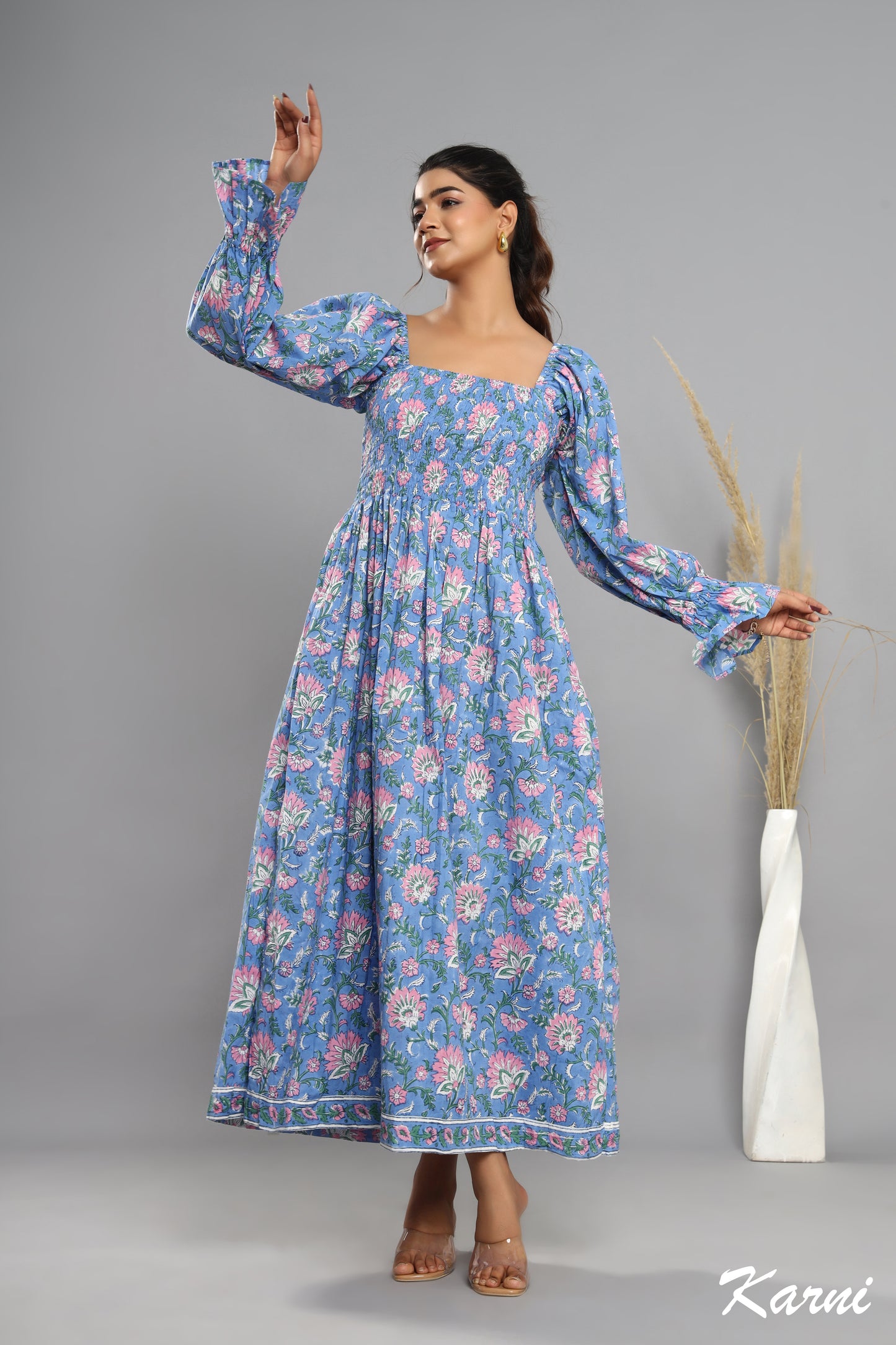 casual blue-pink floral hand block printed women's long maxi dress - long sleeves with square neck cotton long dress
