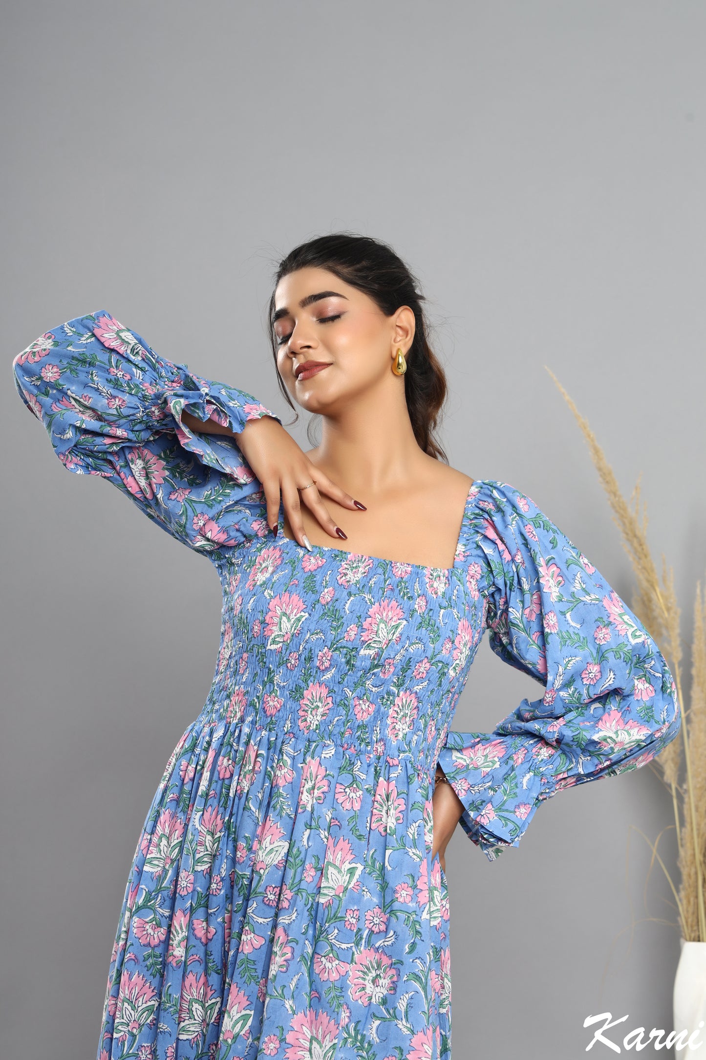 casual blue-pink floral hand block printed women's long maxi dress - long sleeves with square neck cotton long dress