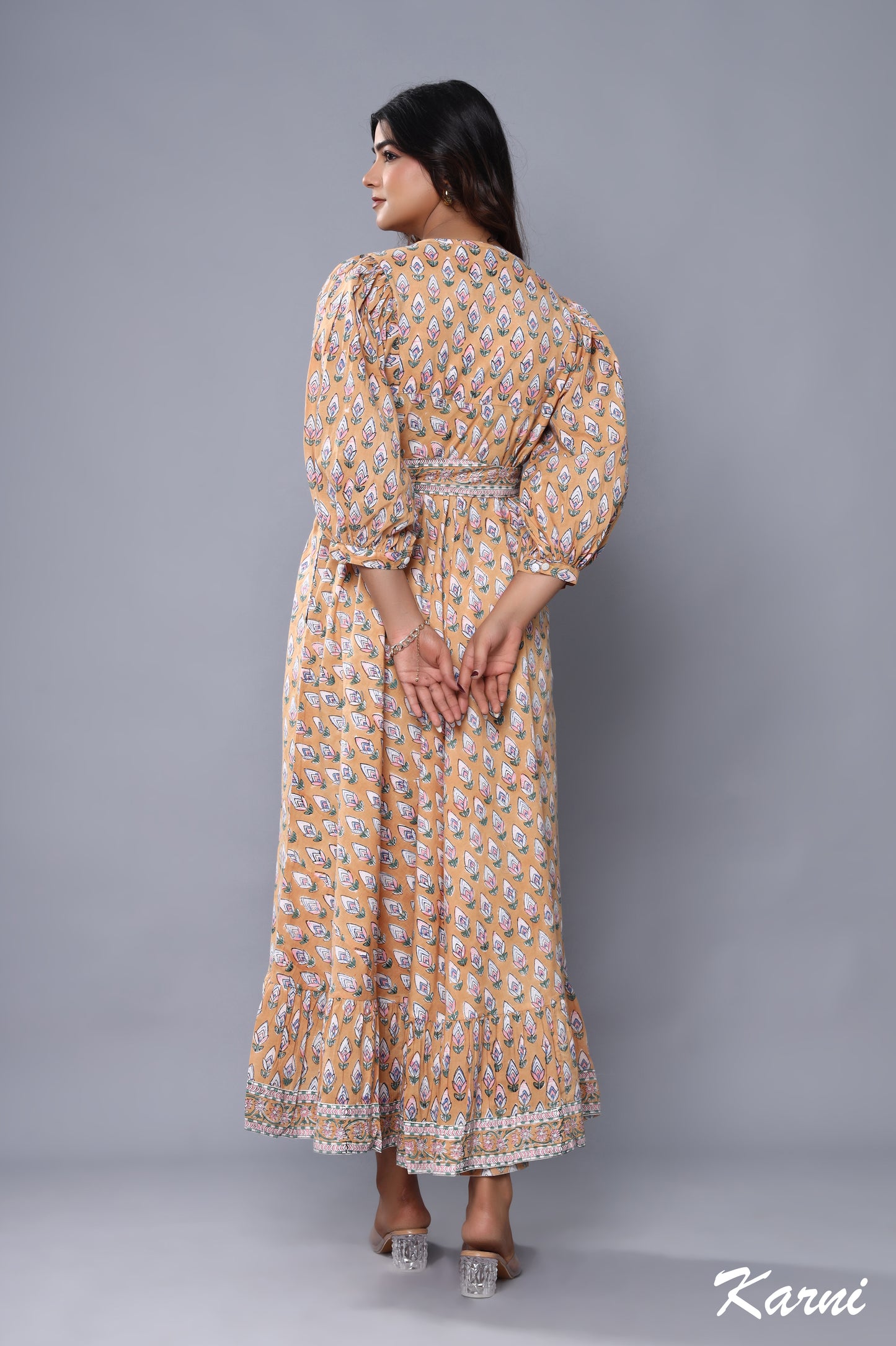 cotton brown-pink floral pattern printed women's maxi dress - hanley neck with belt boho long dress