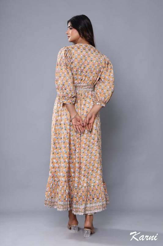 cotton brown-pink floral pattern printed women's maxi dress - hanley neck with belt boho long dress
